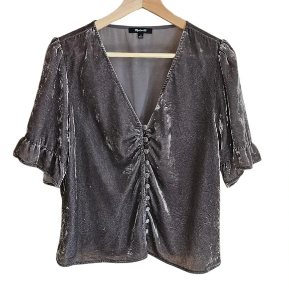 Madewell Women’s Velvet Blouse Button Front Puff Sleeve Ruffle Grey Size 14 - Picture 1 of 9